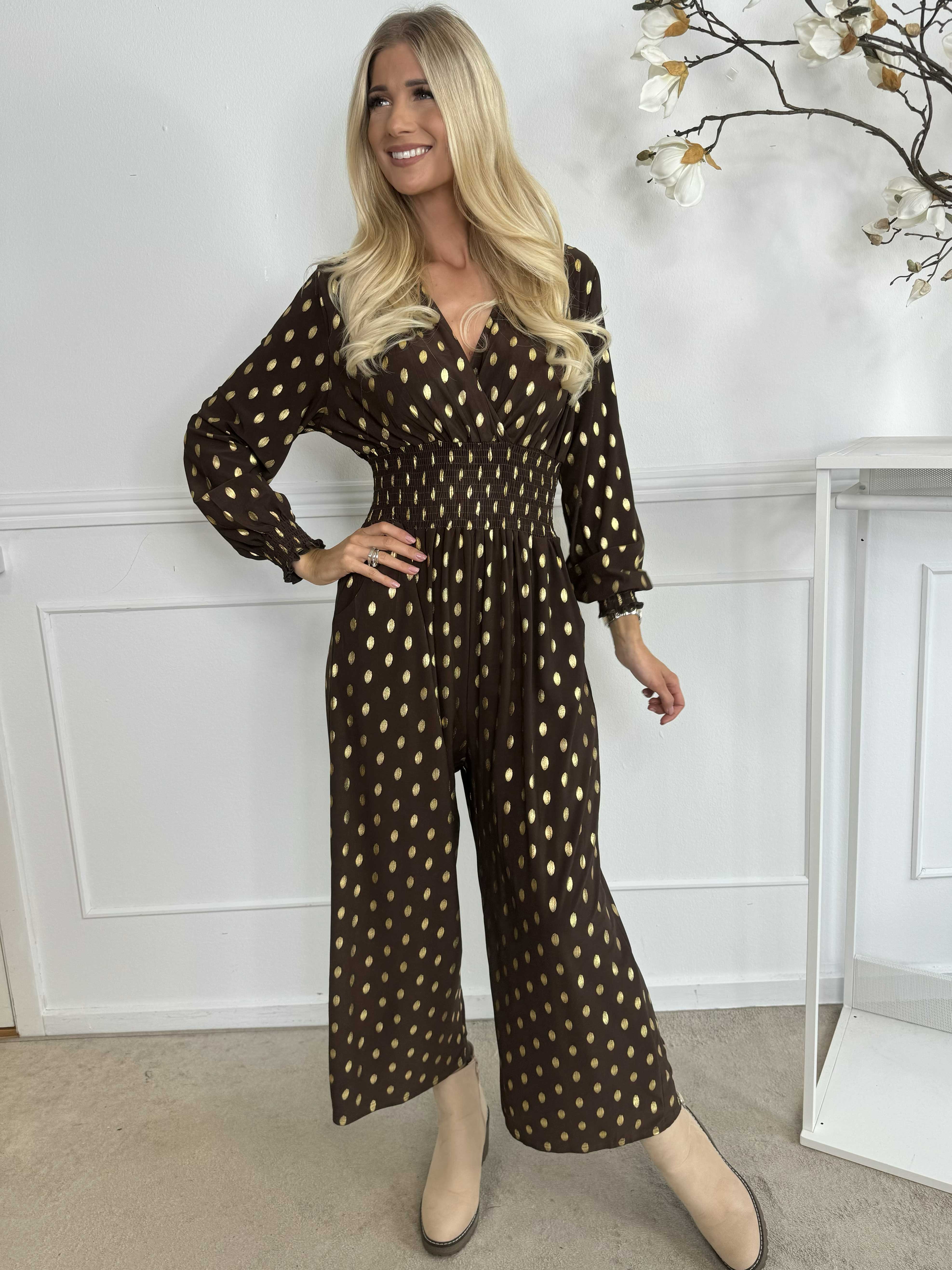 Pams Gold Dot Jumpsuit L/S - Buksedragt i elastisk stof med guld prikker